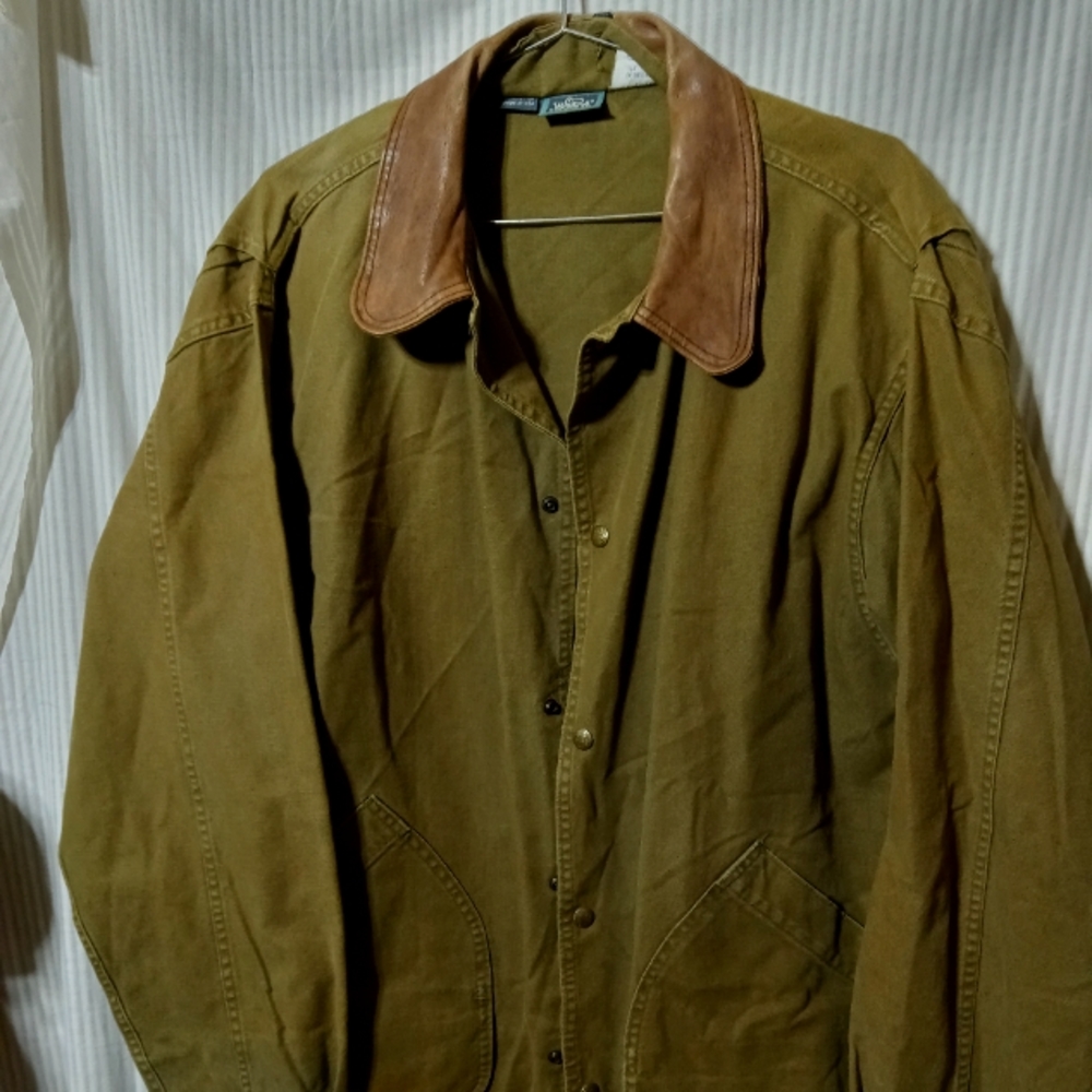 VINTAGE WOOLRICH AZTEC TRUCKERS CANVAS COAT  SZ LARGE LEATHER COLLAR